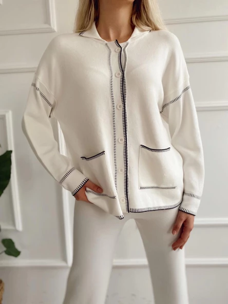 Kadın Çoban Dikişli Hırka-Pantolon Takım Ekru-Siyah - 5