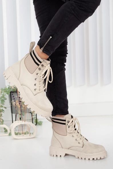 Dilimler Ayakkabı Süet Triko Bağlı Ten Kadın Bot - Resim 2