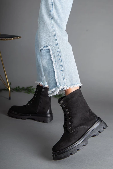 Süet Bağlı Taban Dikişli Siyah Kadın Postal Bot - Resim 2