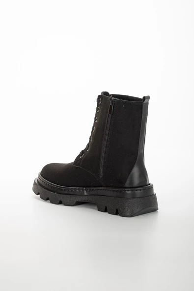 Süet Bağlı Taban Dikişli Siyah Kadın Postal Bot - Resim 5