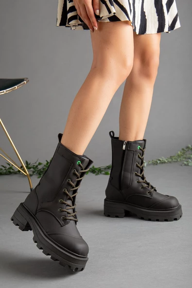 Kalın Taban Bağcıklı Haki Kadın Postal Bot - Resim 2