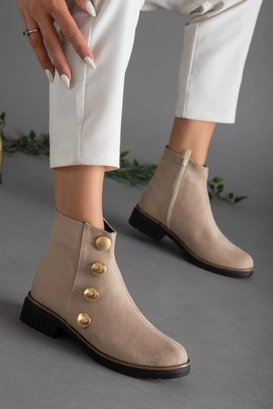 Süet Yüzü Dikişli Troklu Bej Kadın Bot - Resim 2