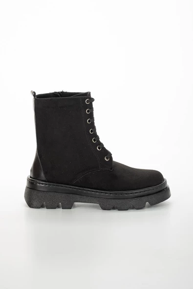 Süet Bağlı Taban Dikişli Siyah Kadın Postal Bot - Resim 3