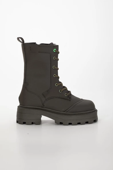 Kalın Taban Bağcıklı Haki Kadın Postal Bot - Resim 3