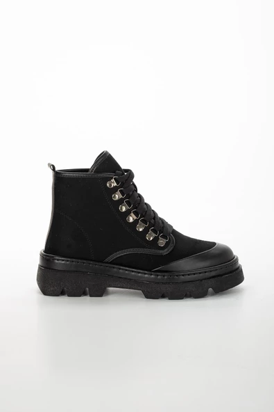 Cilt ve Süet Detaylı Bağcıklı Siyah Kadın Bot - Resim 3