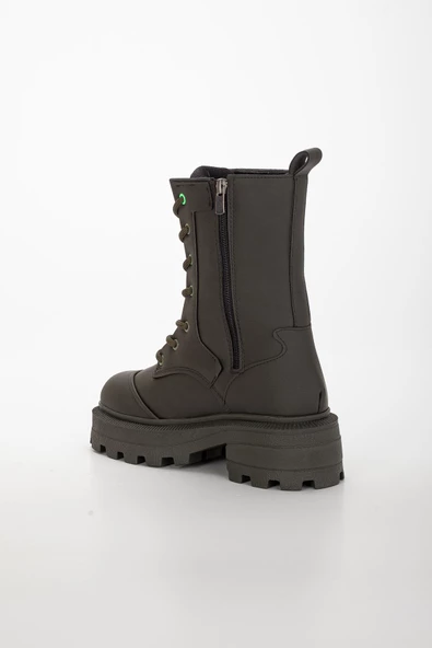 Kalın Taban Bağcıklı Haki Kadın Postal Bot - Resim 5