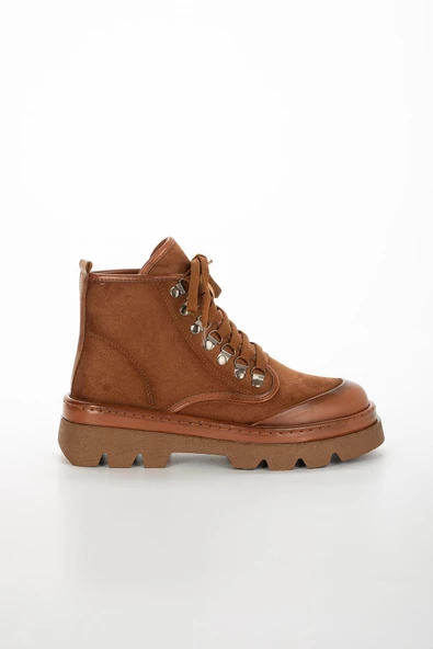 Cilt ve Süet Detaylı Bağcıklı Taba Kadın Bot - Resim 3