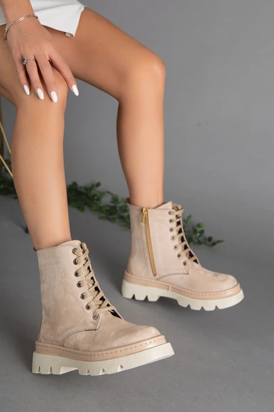 Süet Bağlı Taban Dikişli Bej Kadın Postal Bot - Resim 2