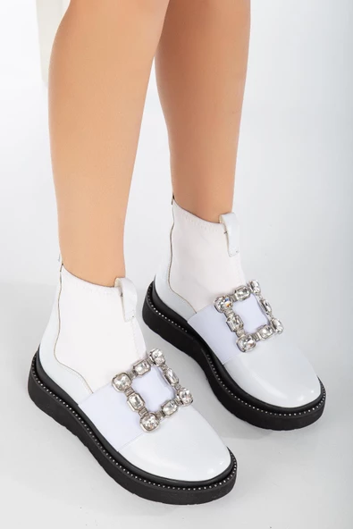 Rugan Streç Taşlı Kalın Taban Beyaz Kadın Bot - Resim 2