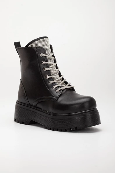 Bağcık Taşlı Kalın Taban Cilt Siyah Kadın Postal Bot - Resim 4