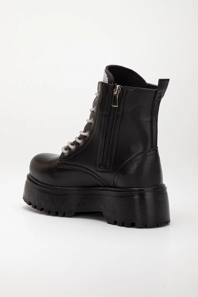 Bağcık Taşlı Kalın Taban Cilt Siyah Kadın Postal Bot - Resim 5