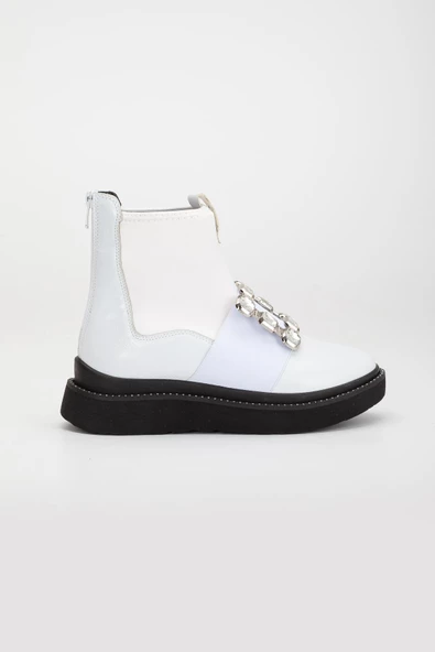 Rugan Streç Taşlı Kalın Taban Beyaz Kadın Bot - Resim 5