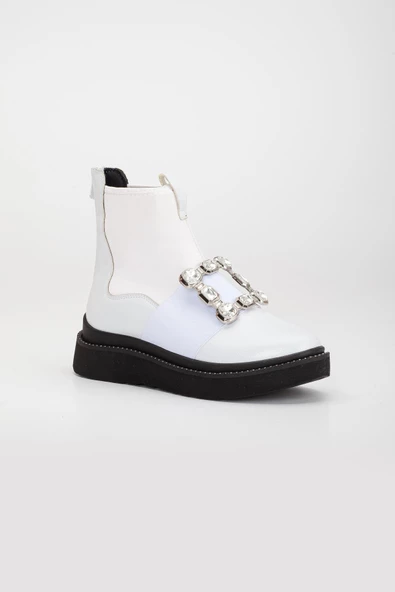 Rugan Streç Taşlı Kalın Taban Beyaz Kadın Bot - Resim 6