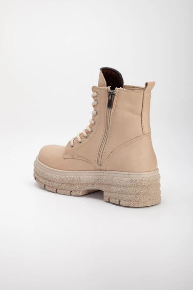 Hakiki Deri Kalın Taban Bağcıklı Tokalı Bej Kadın Postal Bot - Resim 5