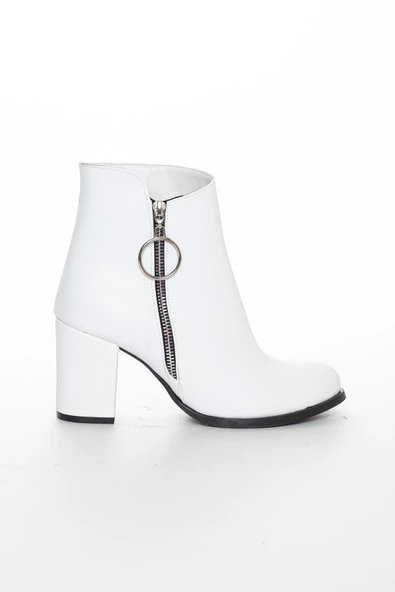 Fermuarlı Beyaz Büyük Numara Kadın Topuklu Bot - Resim 2