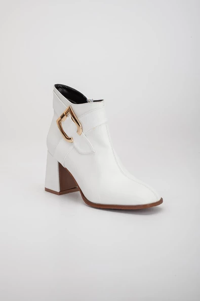 Cilt Metal Kemerli Beyaz Kadın Kalın Topuklu Bot - Resim 4