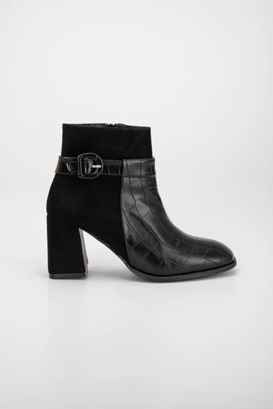 Süet ve Kroko Deri Küçük Kemerli Siyah Kadın Kalın Topuklu Bot - Resim 3
