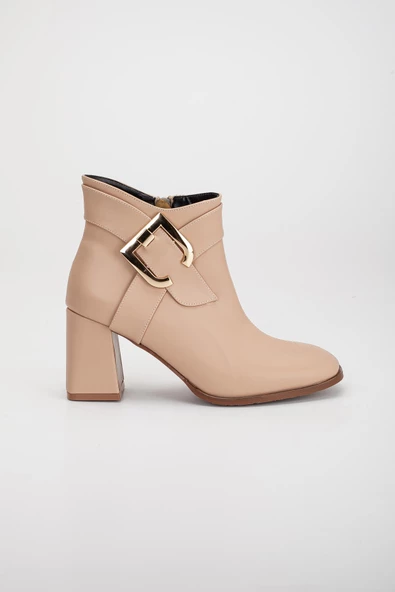 Cilt Metal Kemerli Nude Kadın Kalın Topuklu Bot - Resim 3