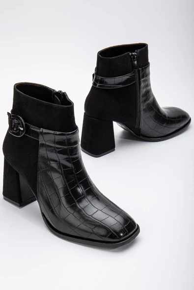 Süet ve Kroko Deri Küçük Kemerli Siyah Kadın Kalın Topuklu Bot ürün görseli