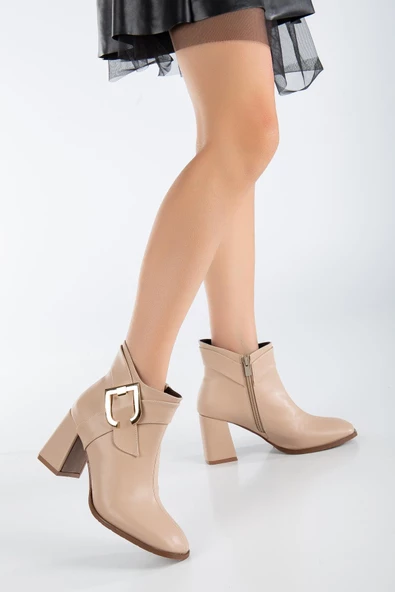Cilt Metal Kemerli Nude Kadın Kalın Topuklu Bot - Resim 2