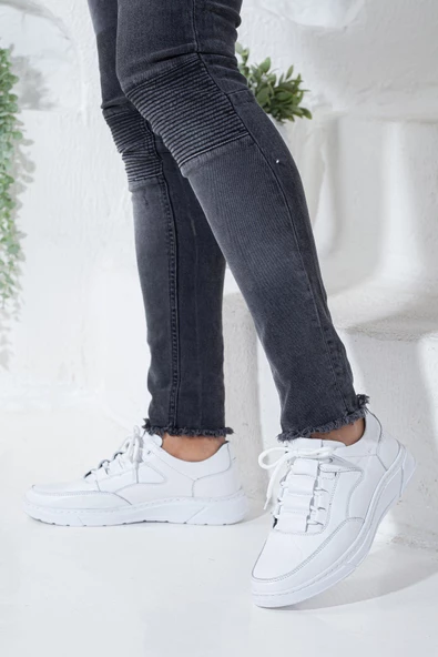 Hakiki Deri Bağcıklı Beyaz Erkek Casual Ayakkabı - Resim 2