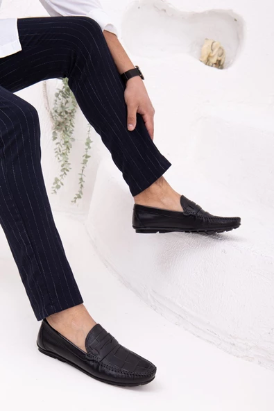 Hakiki Deri Rok Baskılı Siyah Erkek Günlük Loafer Ayakkabı