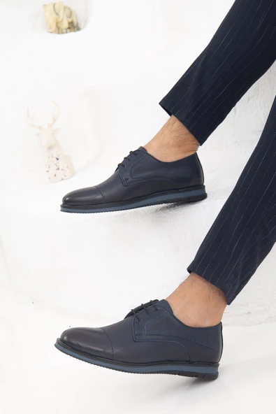 Hakiki Deri Baskılı Lacivert Erkek Günlük Ayakkabı - Resim 2