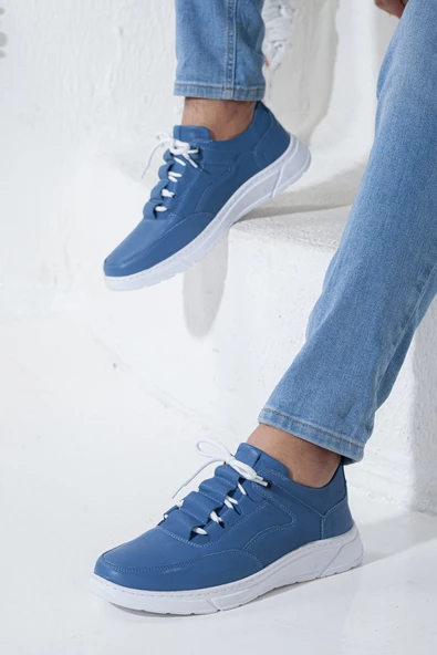 Hakiki Deri Bağcıklı Mavi Erkek Casual Ayakkabı - Resim 2