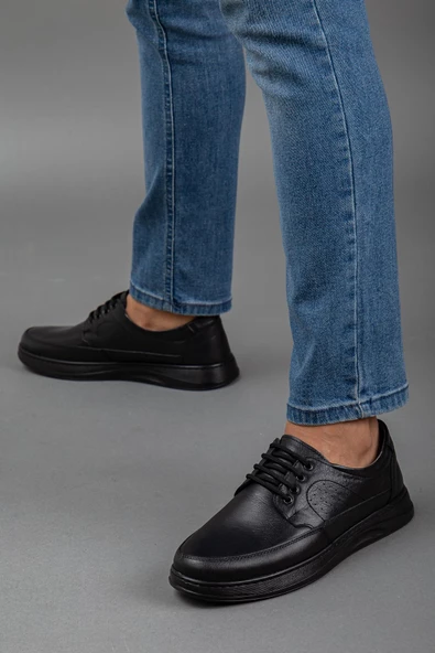 Hakiki Deri Bağcıklı Düz Taban Siyah Erkek günlük Ayakkabı - Resim 2