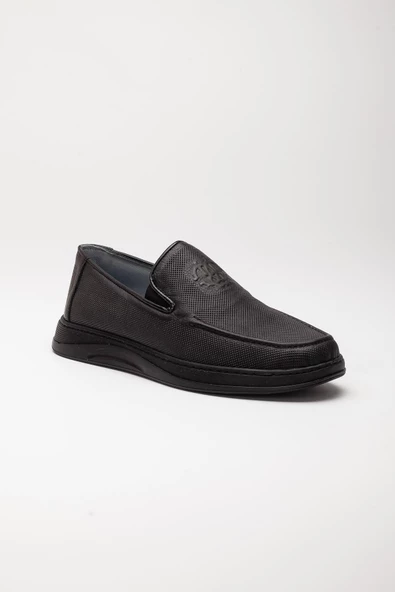 Hakiki Deri Baskılı Düz Taban Siyah Erkek Casual Ayakkabı - Resim 4