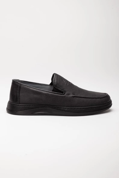 Hakiki Deri Baskılı Düz Taban Siyah Erkek Casual Ayakkabı - Resim 3