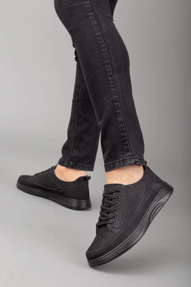 Hakiki Deri Nubuk Bağcıklı Siyah Erkek Makosen Ayakkabı - Resim 2