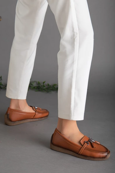 Püsküllü Cilt Taba Kadın Günlük Ayakkabı - Resim 2