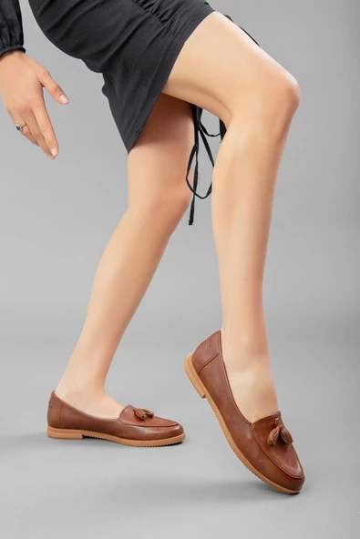 Püsküllü Cilt Taba Kadın Günlük Ayakkabı - Resim 2