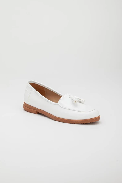 Püsküllü Cilt Beyaz Kadın Günlük Ayakkabı - Resim 4