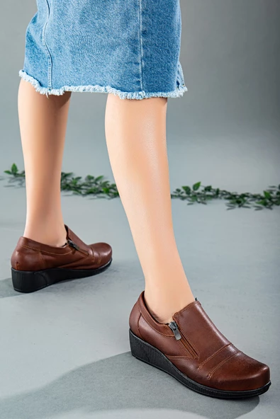 Fermuarlı Cilt Taba Kadın Günlük Dolgu Taban Ayakkabı - Resim 2