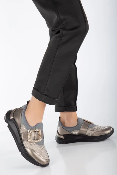 Taşlı Kalın Taban Streç Platin Kadın Makosen Günlük Ayakkabı - Resim 4