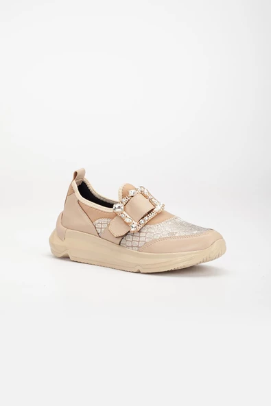 Taşlı Kalın Taban Streç Bej Kadın Makosen Günlük Ayakkabı - Resim 6
