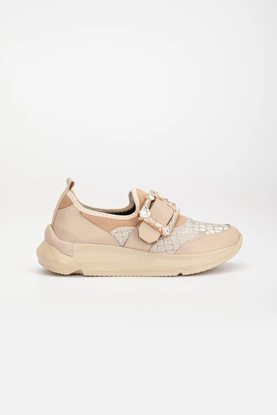 Taşlı Kalın Taban Streç Bej Kadın Makosen Günlük Ayakkabı - Resim 5