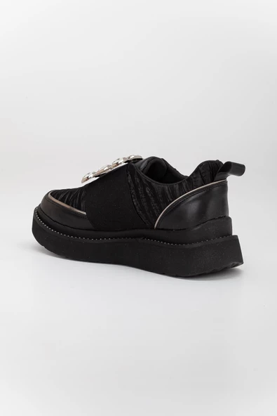 Saten Kalın Taşlı Cilt Siyah Kadın Kalın Taban Günlük Casual Ayakkabı - Resim 5