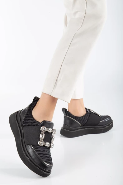 Saten Kalın Taşlı Cilt Siyah Kadın Kalın Taban Günlük Casual Ayakkabı - Resim 2