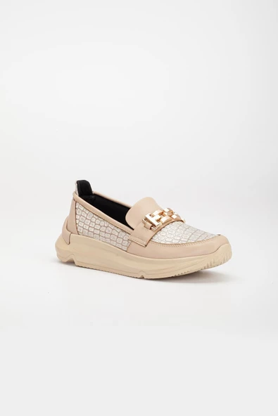 Zincir Aksesuarlı Kalın Taban Bej Kadın Makosen Günlük Ayakkabı - Resim 6