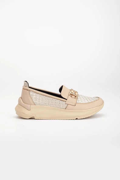 Zincir Aksesuarlı Kalın Taban Bej Kadın Makosen Günlük Ayakkabı - Resim 5