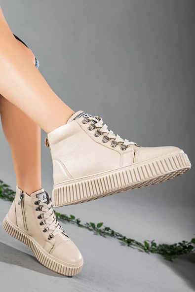 Hakiki Deri Kalın Taban Halka Bağcıklı Bej Kadın Bot - Resim 2