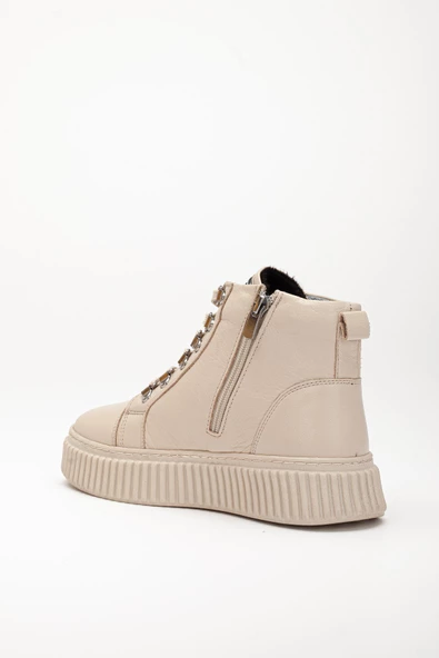 Hakiki Deri Kalın Taban Halka Bağcıklı Bej Kadın Bot - Resim 5