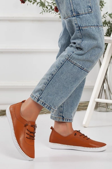 Hakiki Deri Ortopedik Saraçlı Taba Büyük Numara Kadın Ayakkabısı Günlük ürün görseli