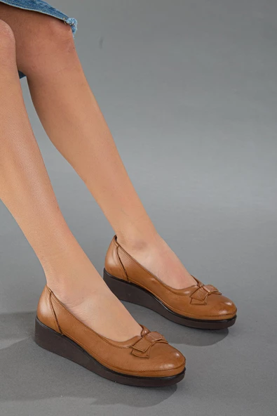 Dilimler Ayakkabı Hakiki Deri Ortopedik Fiyonklu Taba Kadın Ayakkabı ürün görseli