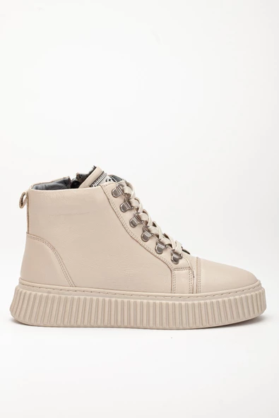 Hakiki Deri Kalın Taban Halka Bağcıklı Bej Kadın Bot - Resim 3