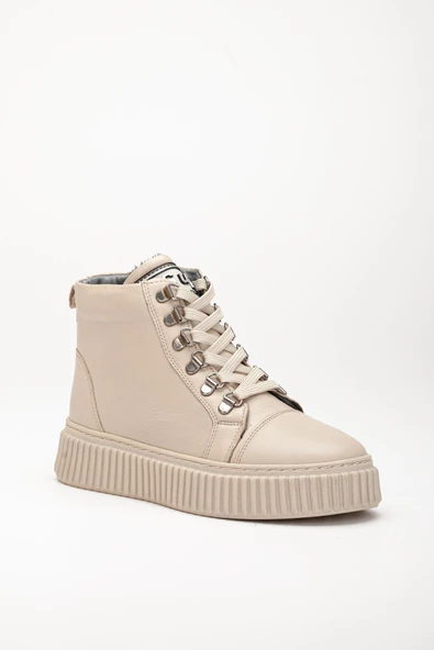 Hakiki Deri Kalın Taban Halka Bağcıklı Bej Kadın Bot - Resim 4