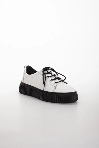 Hakiki Deri Kalın Taban Bağlı Beyaz Kadın Günlük Ayakkabı - Resim 4